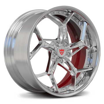 Custom forged 2-piece chrome wheel with sleek design and red accents for optimal brake clearance.